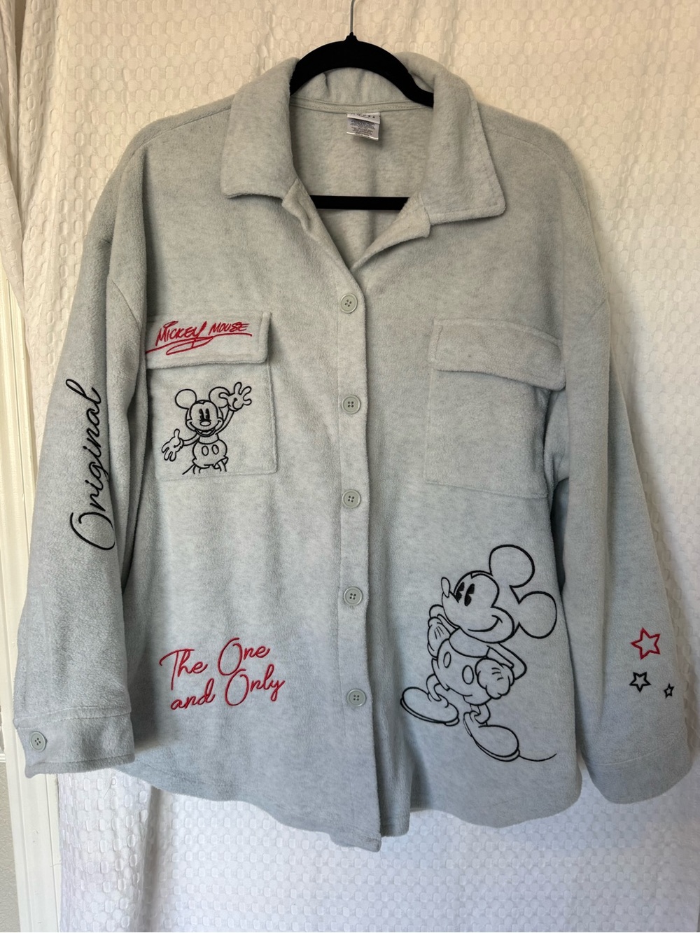 Disney Mickey Mouse Embroidered Fleece Shacket Gray Button Front Jacket XXL